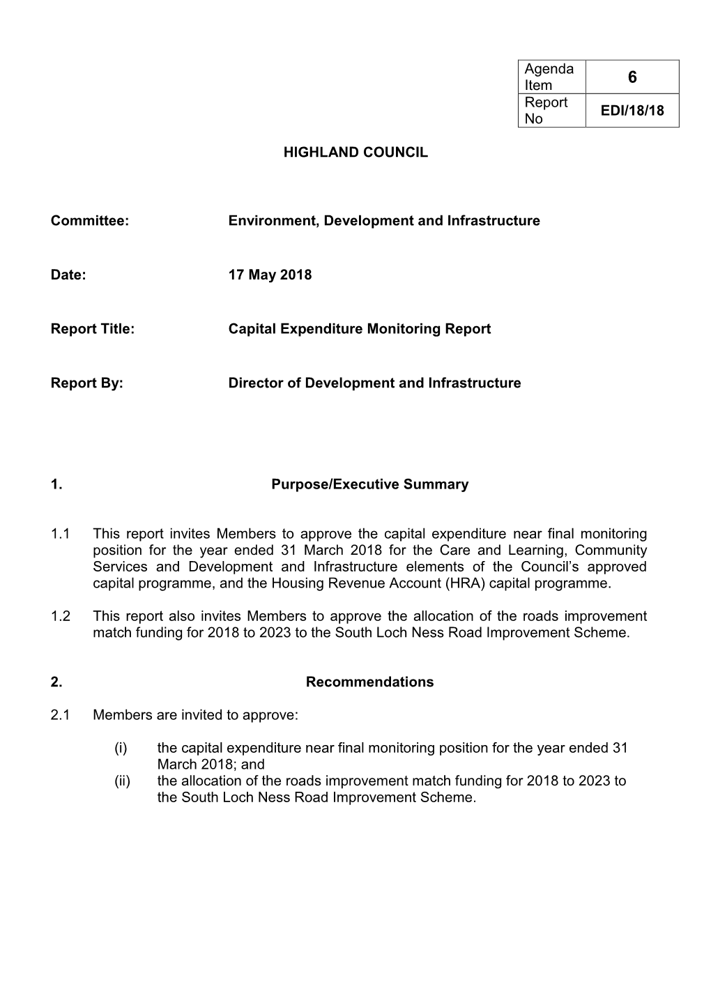 Capital Expenditure Monitoring Report