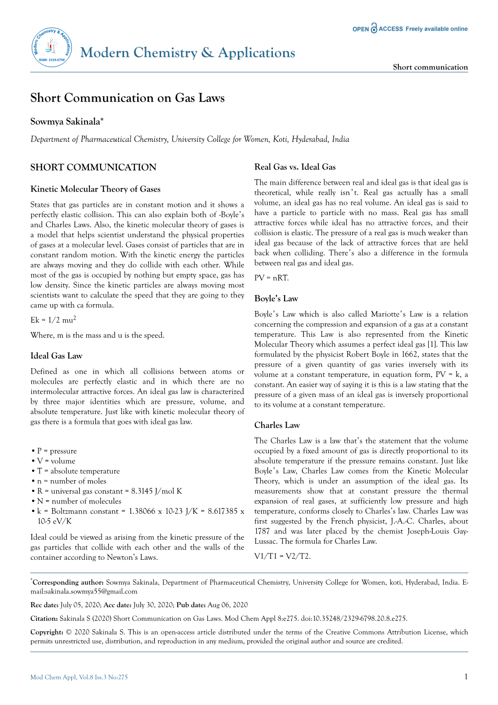 Short Communication on Gas Laws