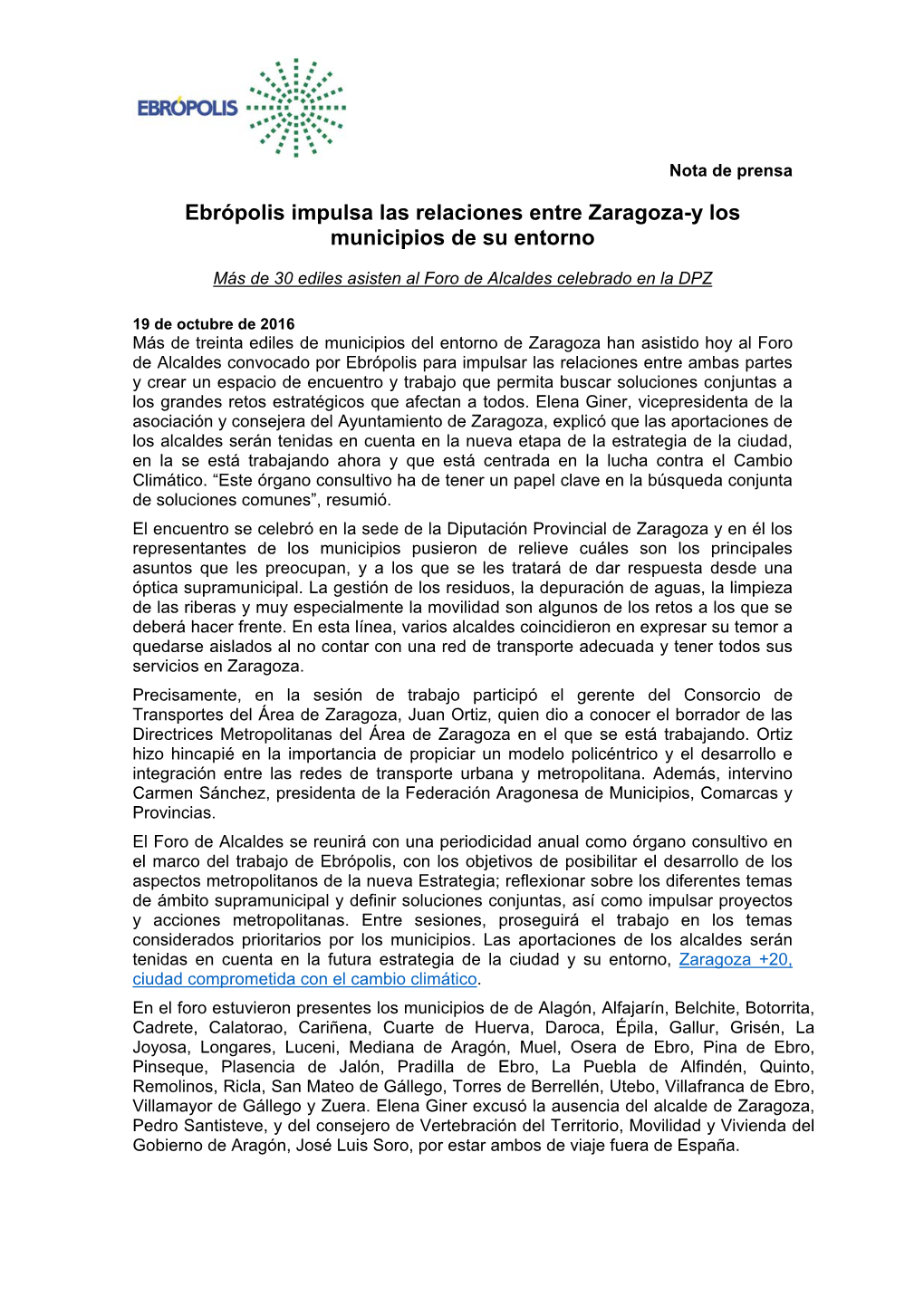 Ebrópolis Impulsa Las Relaciones Entre Zaragoza-Y Los Municipios De Su Entorno