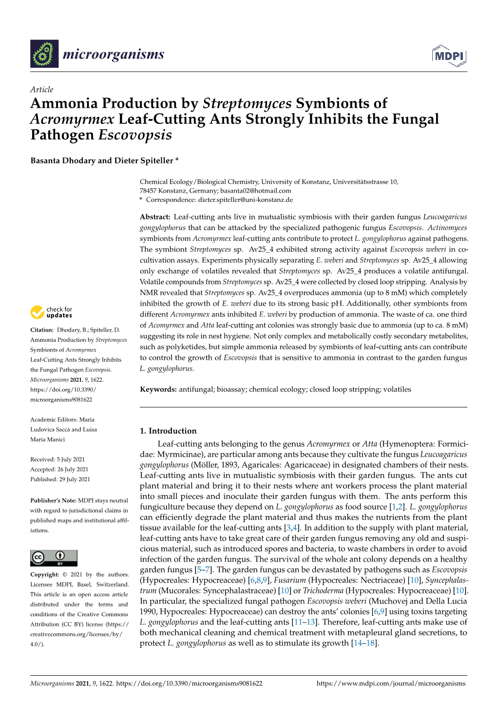 Ammonia Production by Streptomyces Symbionts of Acromyrmex Leaf-Cutting Ants Strongly Inhibits the Fungal Pathogen Escovopsis