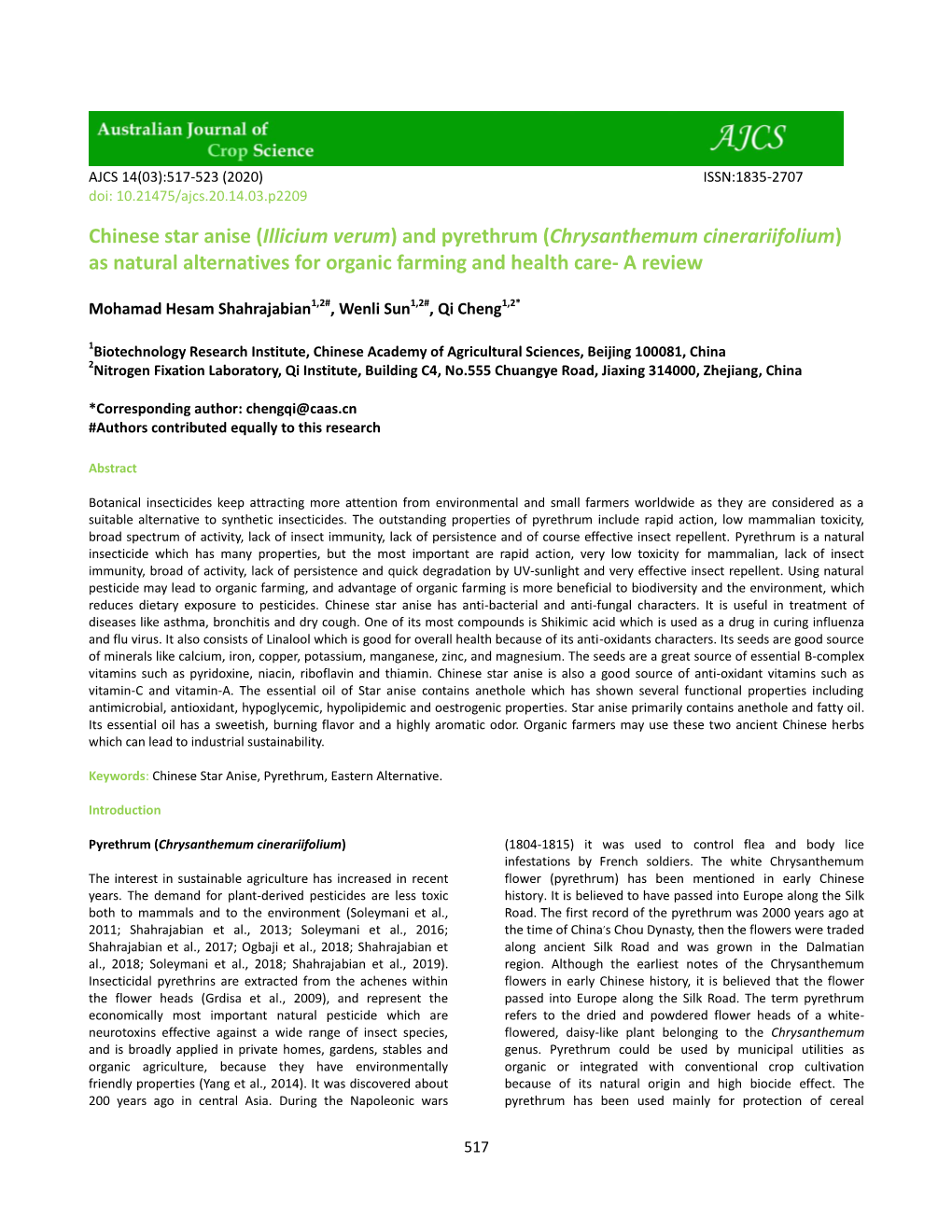 Chinese Star Anise (Illicium Verum) and Pyrethrum (Chrysanthemum Cinerariifolium) As Natural Alternatives for Organic Farming and Health Care- a Review