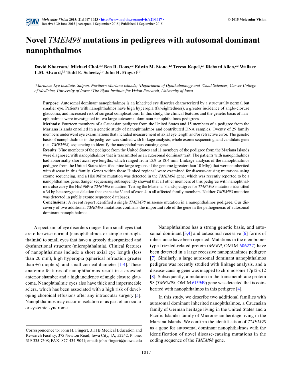 Novel TMEM98 Mutations in Pedigrees with Autosomal Dominant Nanophthalmos