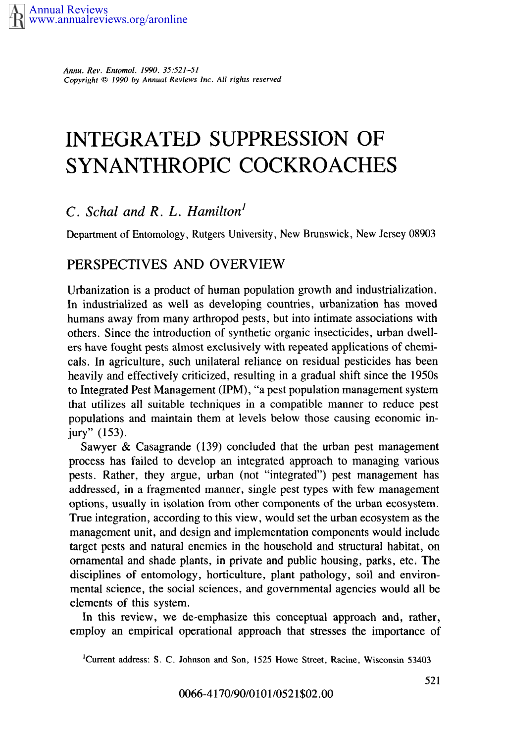 Integrated Suppression of Synanthropic Cockroaches