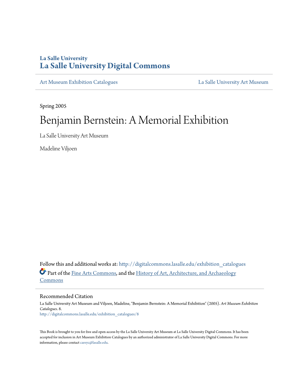Benjamin Bernstein: a Memorial Exhibition La Salle University Art Museum