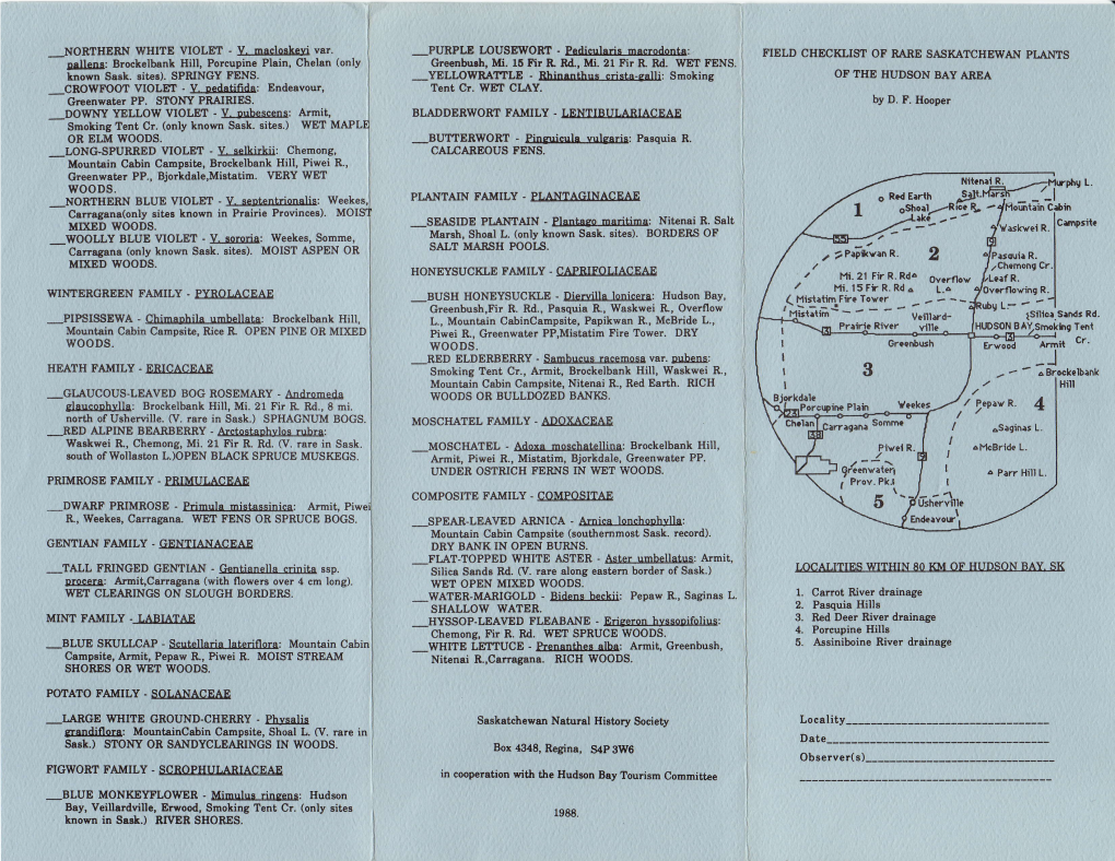 Field Checklist of Rare Saskatchewan Plants of the Hudson Bay Area