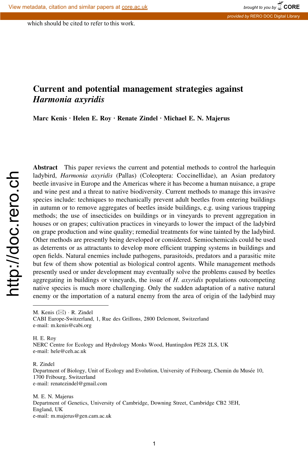 Current and Potential Management Strategies Against H. Axyridis