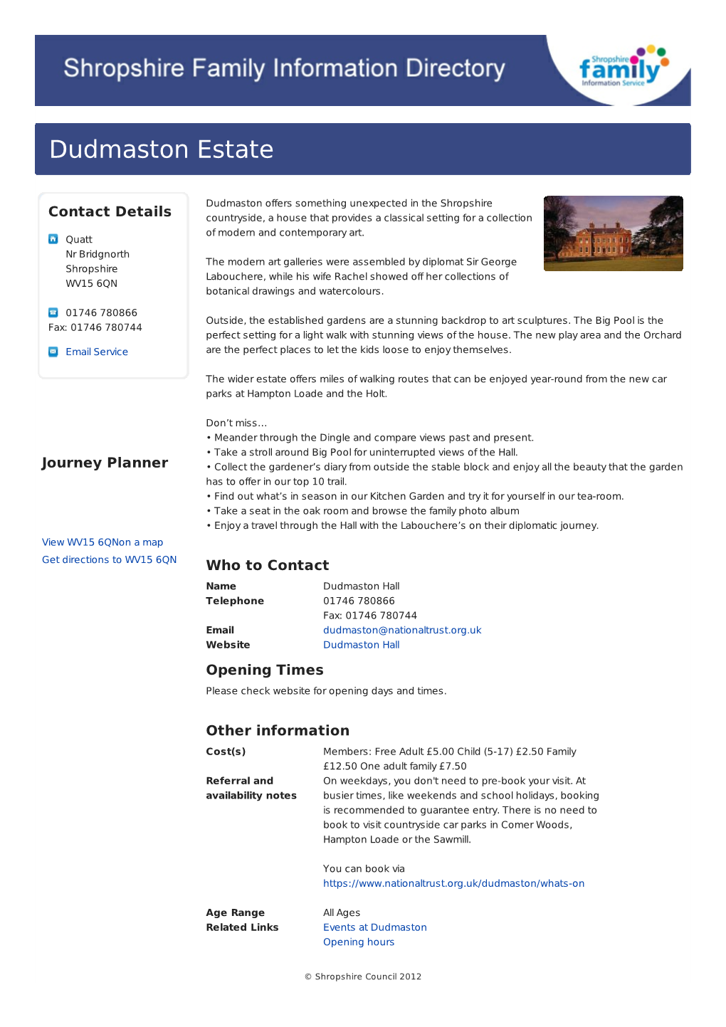 Dudmaston Estate | Shropshire Family Information Directory