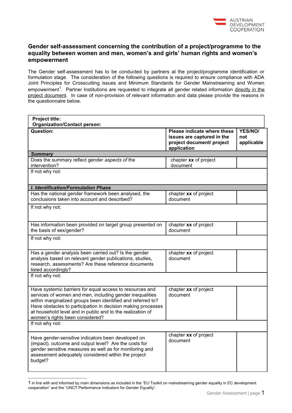 Criteria to Assess the Contribution of a Project to Gender Equality Gleichstellung Von