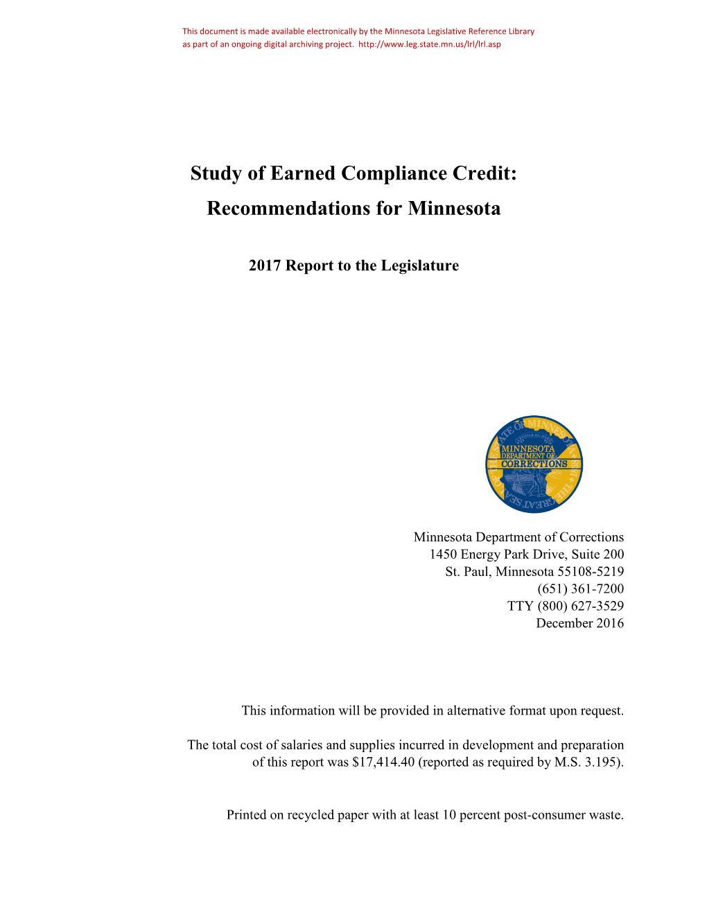 Study of Earned Compliance Credit: Recommendations for Minnesota
