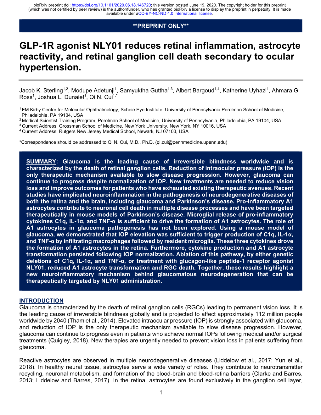 GLP-1R Agonist NLY01 Reduces Retinal Inflammation, Astrocyte Reactivity, and Retinal Ganglion Cell Death Secondary to Ocular Hypertension