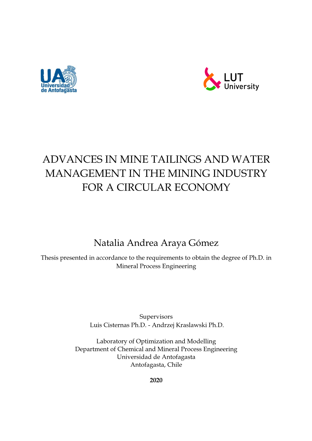 Advances in Mine Tailings and Water Management in the Mining Industry for a Circular Economy