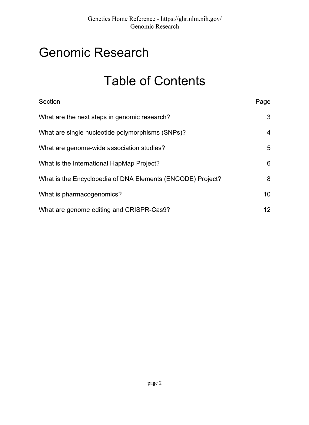 Genomic Research Table of Contents