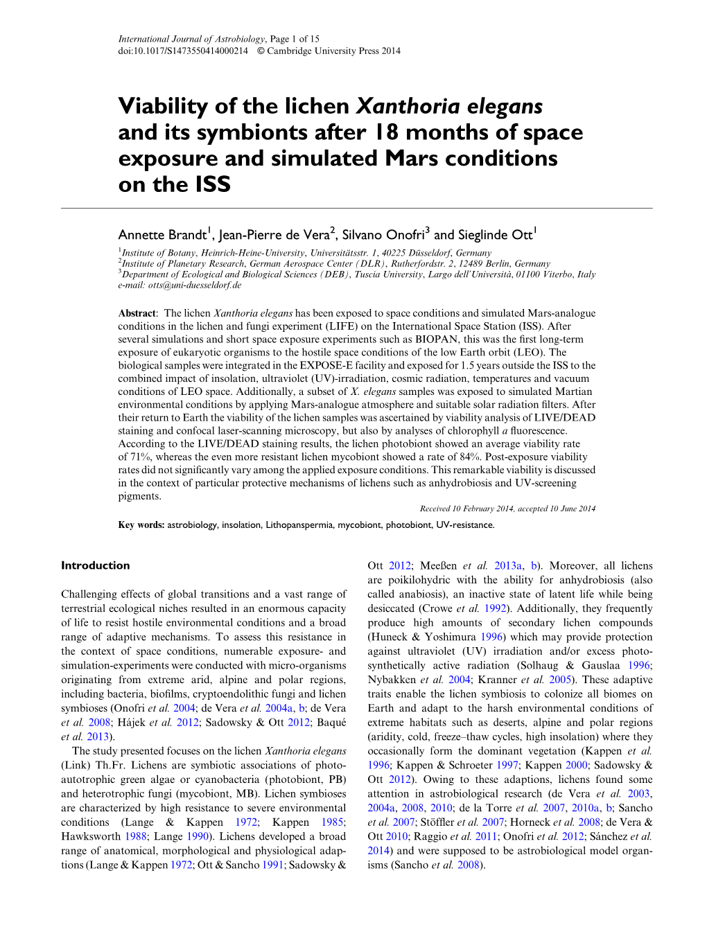 Viability of the Lichen Xanthoria Elegans and Its Symbionts After 18 Months of Space Exposure and Simulated Mars Conditions on the ISS