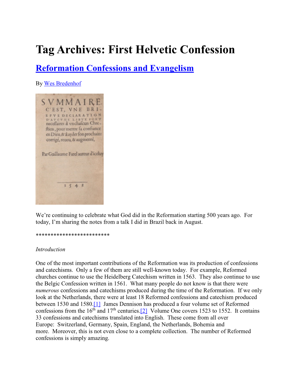 First Helvetic Confession Reformation Confessions and Evangelism