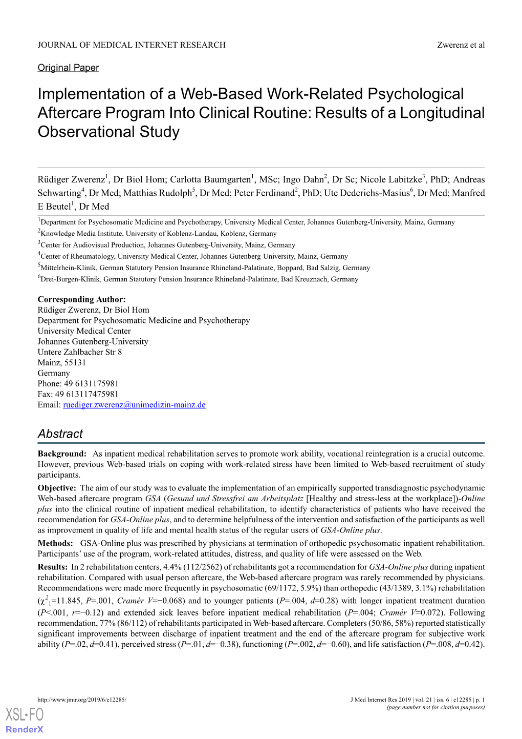 Implementation of a Web-Based Work-Related Psychological Aftercare Program Into Clinical Routine: Results of a Longitudinal Observational Study