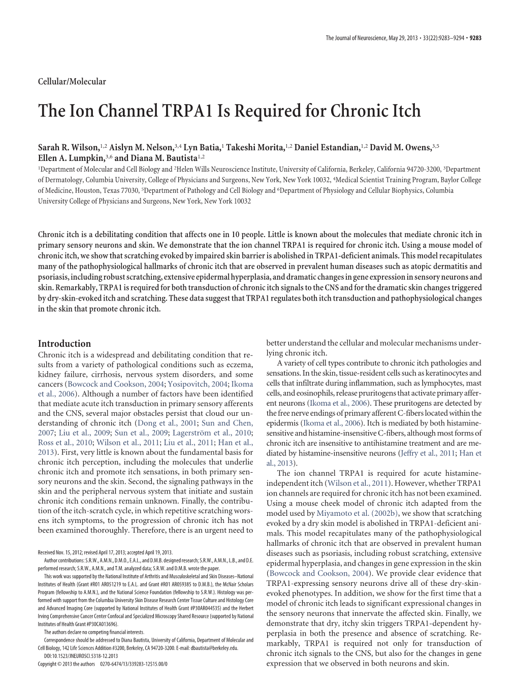 The Ion Channel TRPA1 Is Required for Chronic Itch