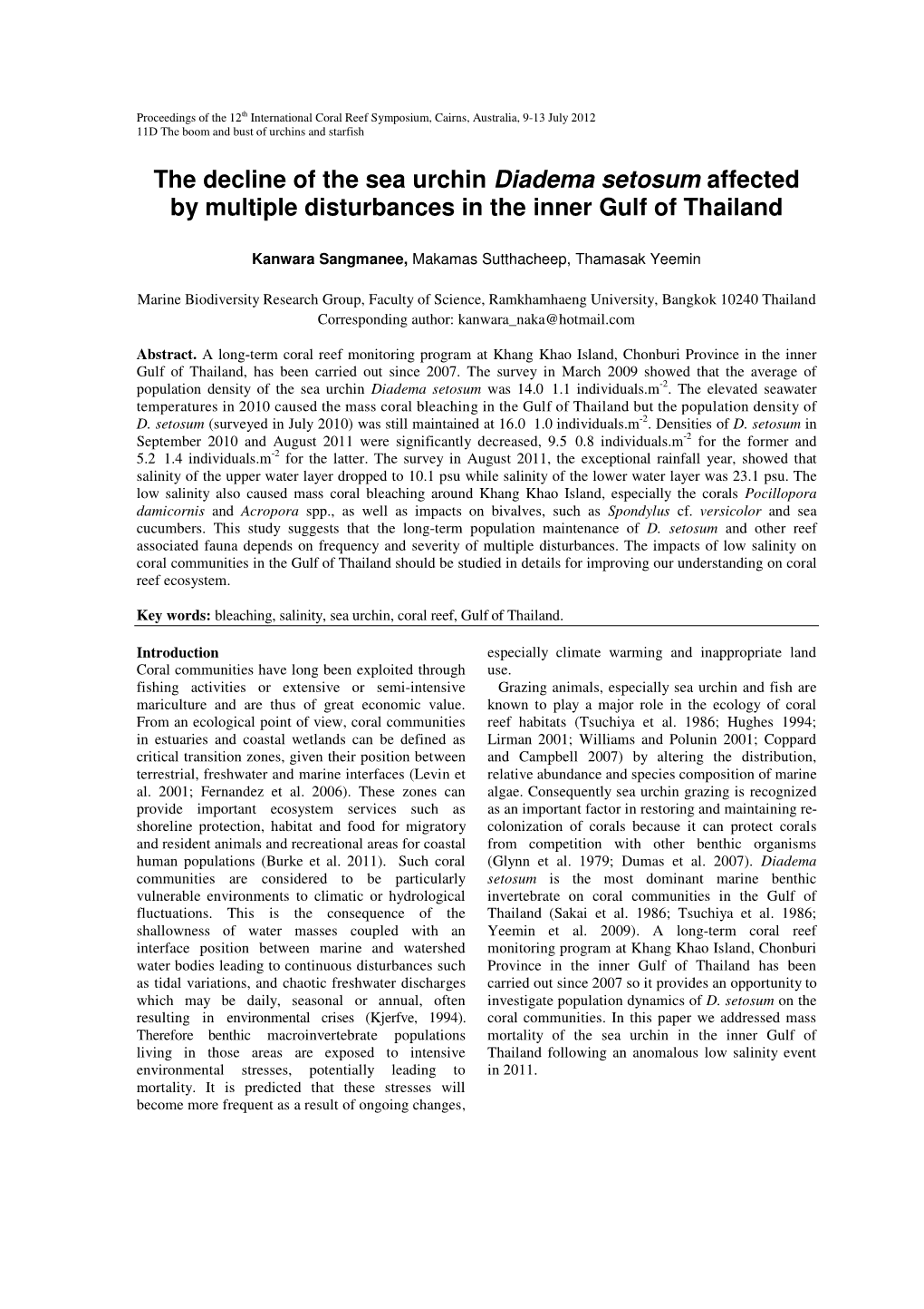 The Decline of the Sea Urchin Diadema Setosum Affected by Multiple Disturbances in the Inner Gulf of Thailand