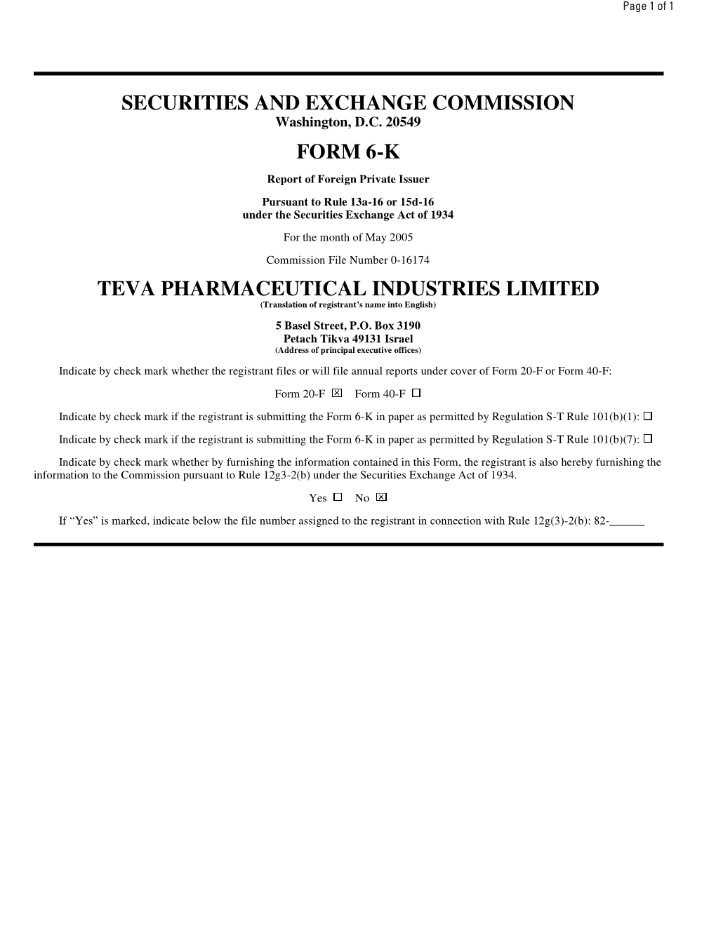 Securities and Exchange Commission Form 6-K Teva