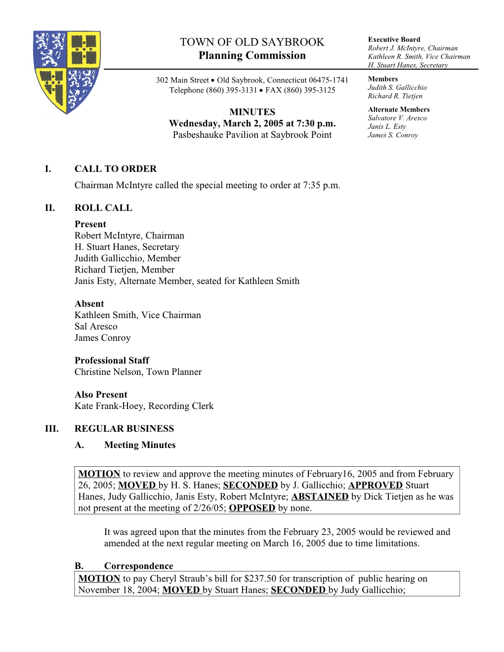 Old Saybrook Planning Commission Meeting Agenda January 12, 2005