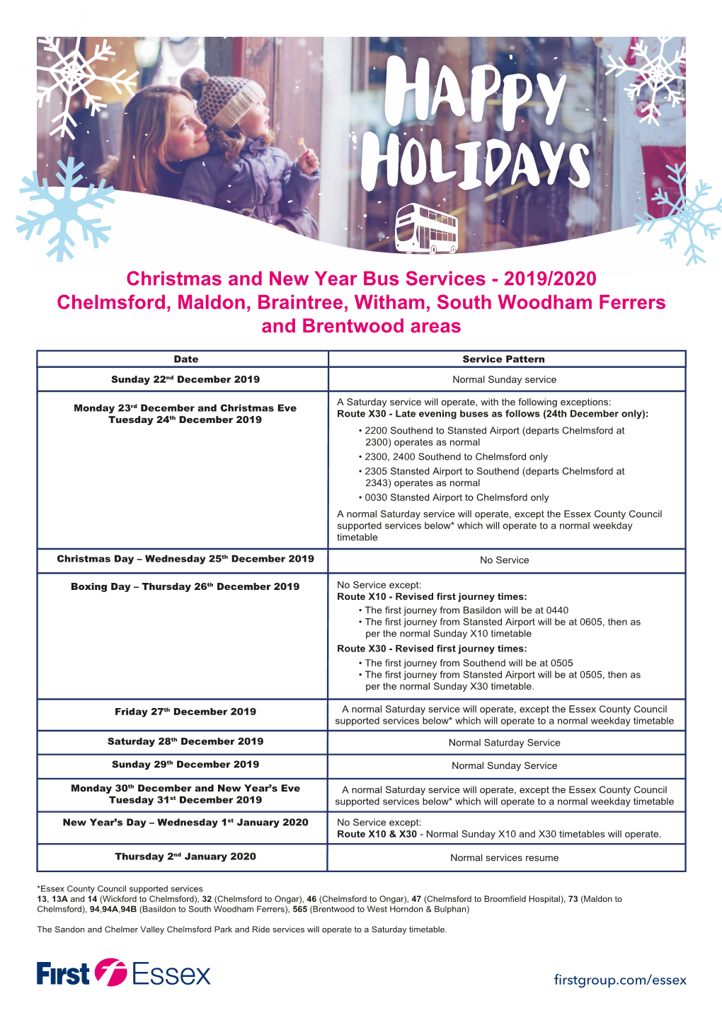 Christmas and New Year Bus Services - 2019/2020 Chelmsford, Maldon, Braintree, Witham, South Woodham Ferrers and Brentwood Areas