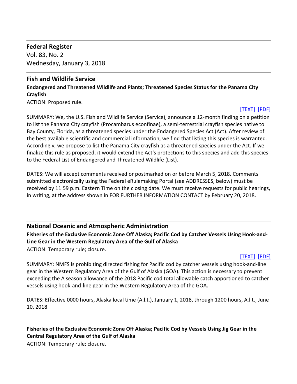 Federal Register Vol. 83, No. 2 Wednesday, January 3, 2018 Fish