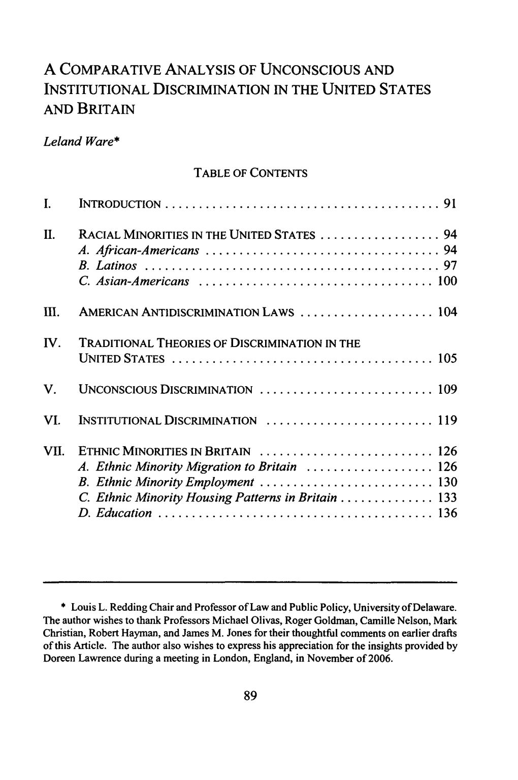 A Comparative Analysis of Unconscious and Institutional Discrimination in the United States and Britain