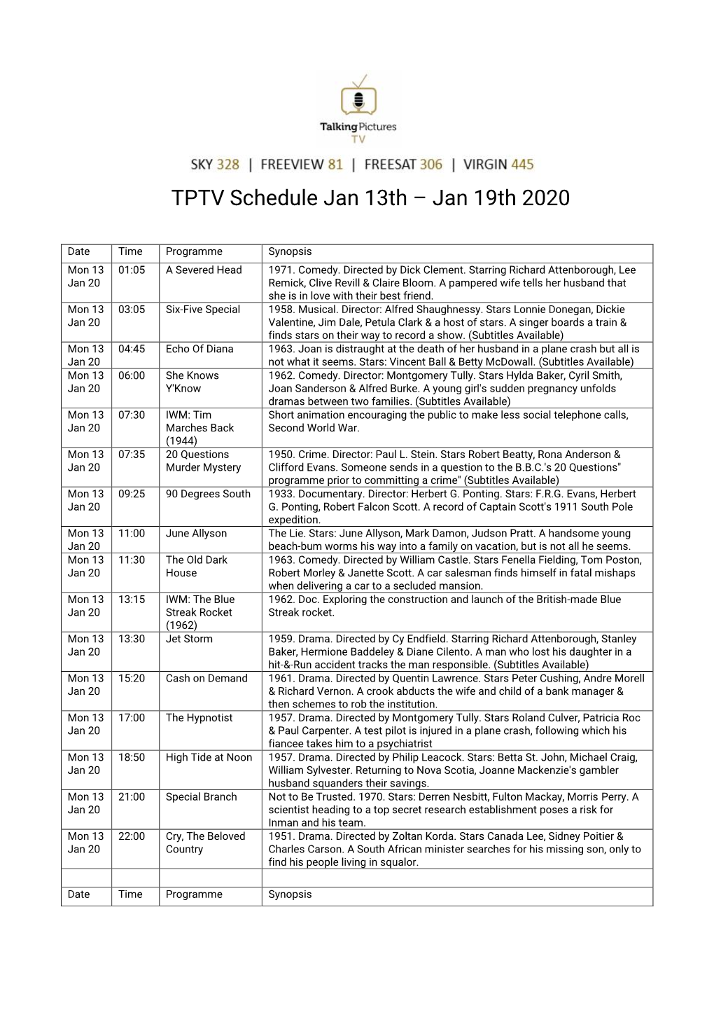 TPTV Schedule Jan 13Th – Jan 19Th 2020