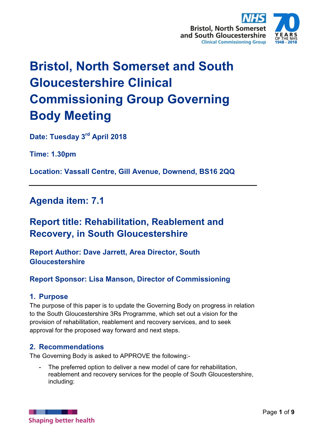 Bristol, North Somerset and South Gloucestershire Clinical Commissioning Group Governing Body Meeting