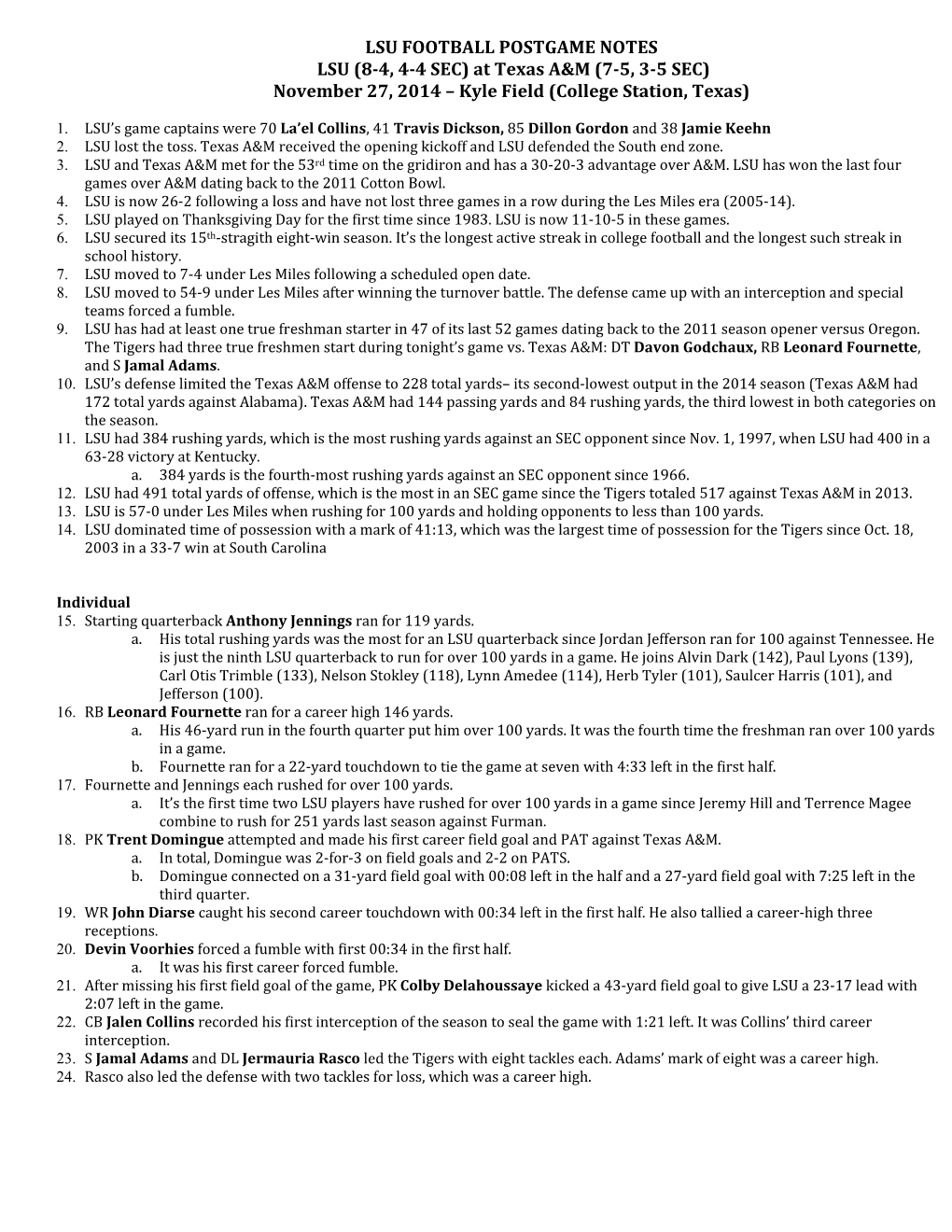 LSU FOOTBALL POSTGAME NOTES LSU (8-4, 4-4 SEC) at Texas