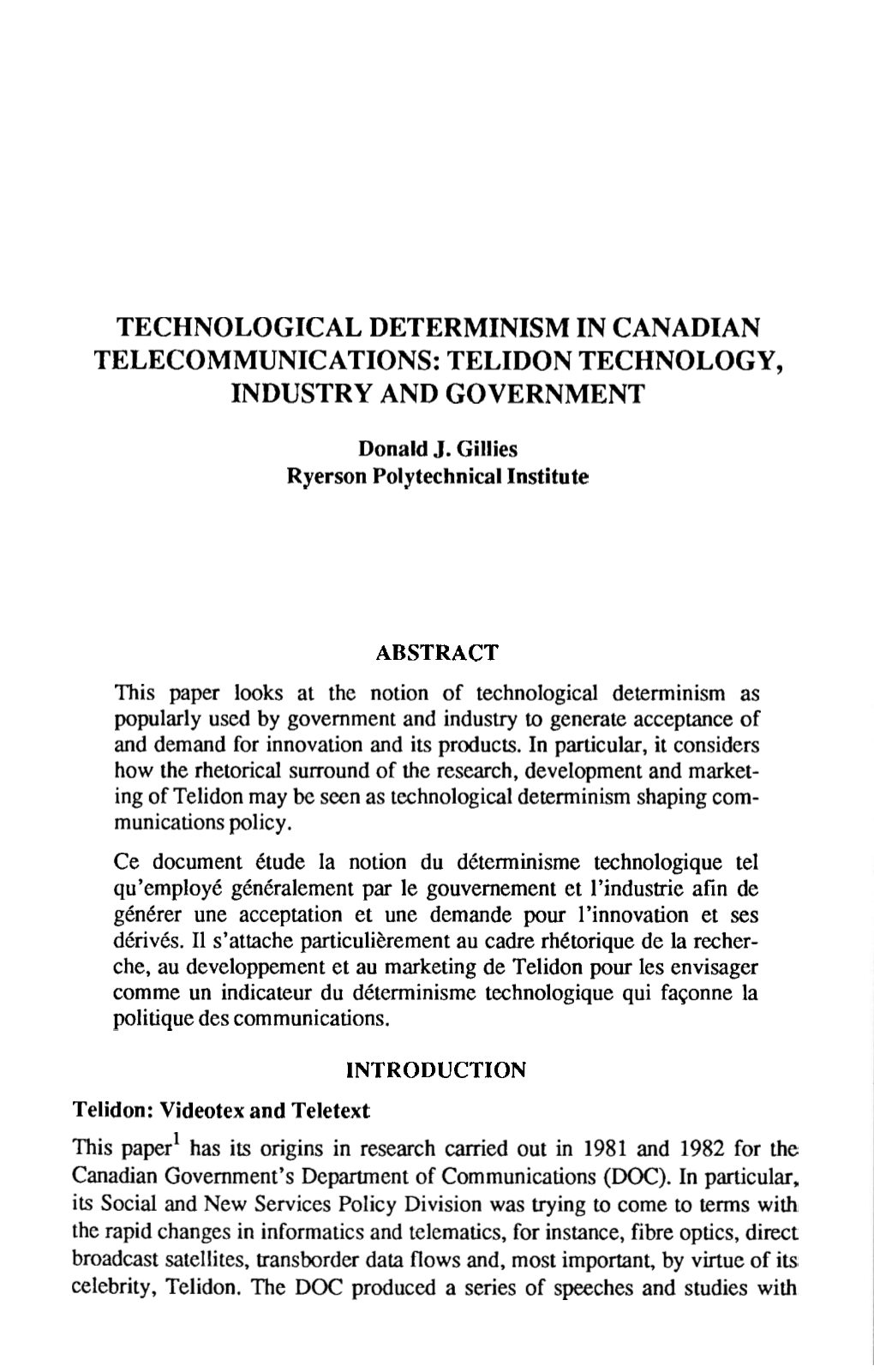 Technological Determinism in Canadian Telecommunications: Telidon Technology, Industry and Government