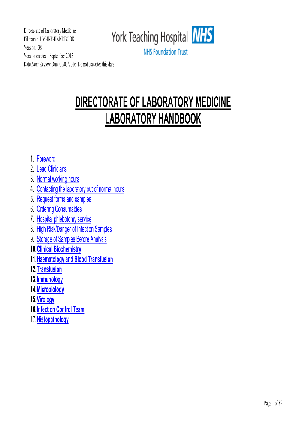 Directorate of Laboratory Medicine Laboratory Handbook