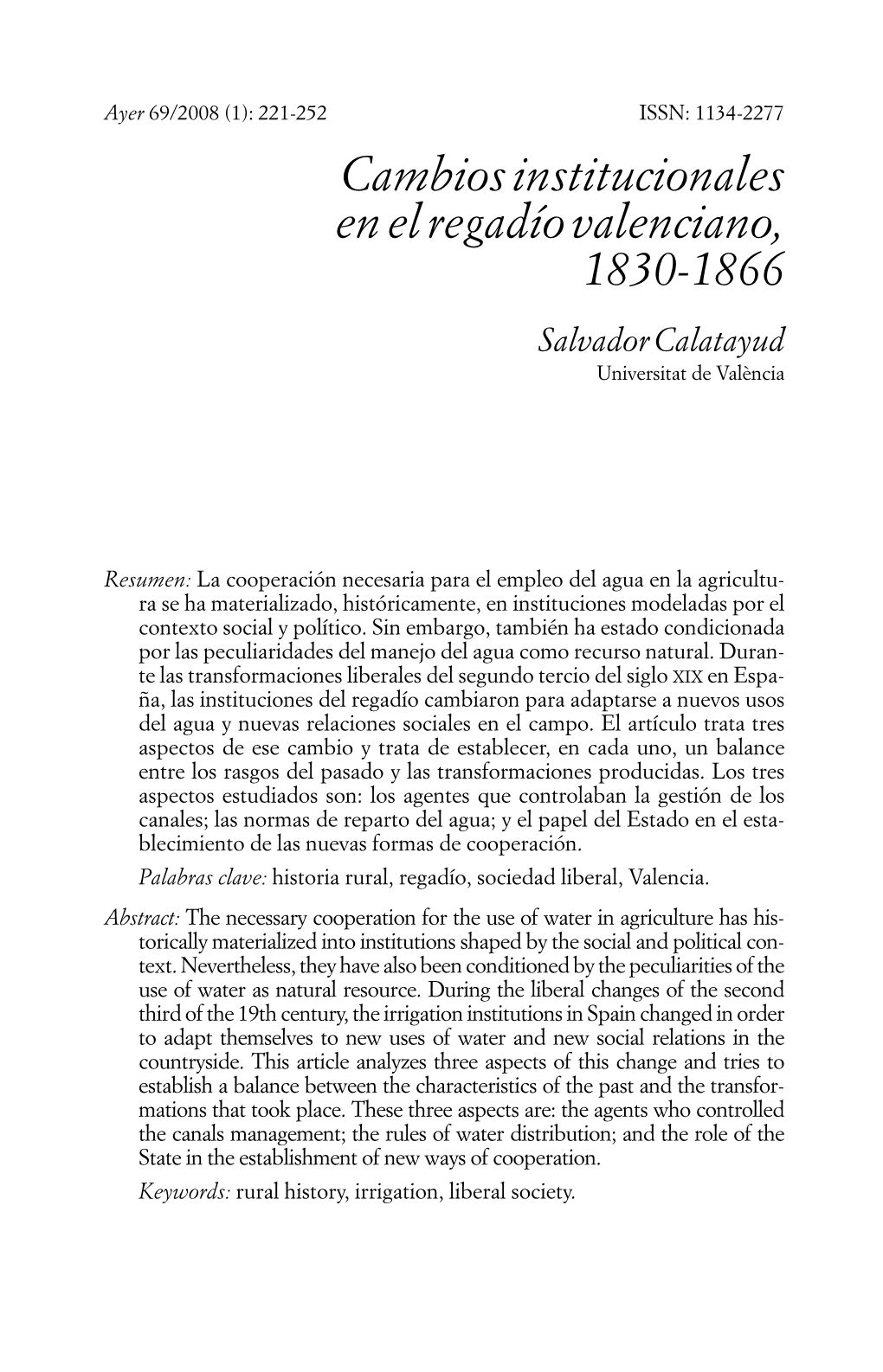 Cambios Institucionales En El Regadío Valenciano, 1830-1866 Salvador Calatayud Universitat De València