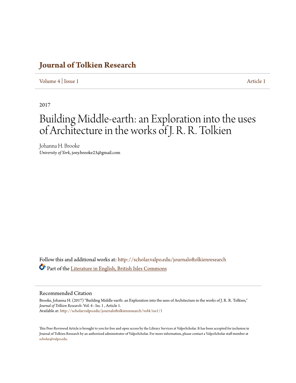 Building Middle-Earth: an Exploration Into the Uses of Architecture in the Works of J