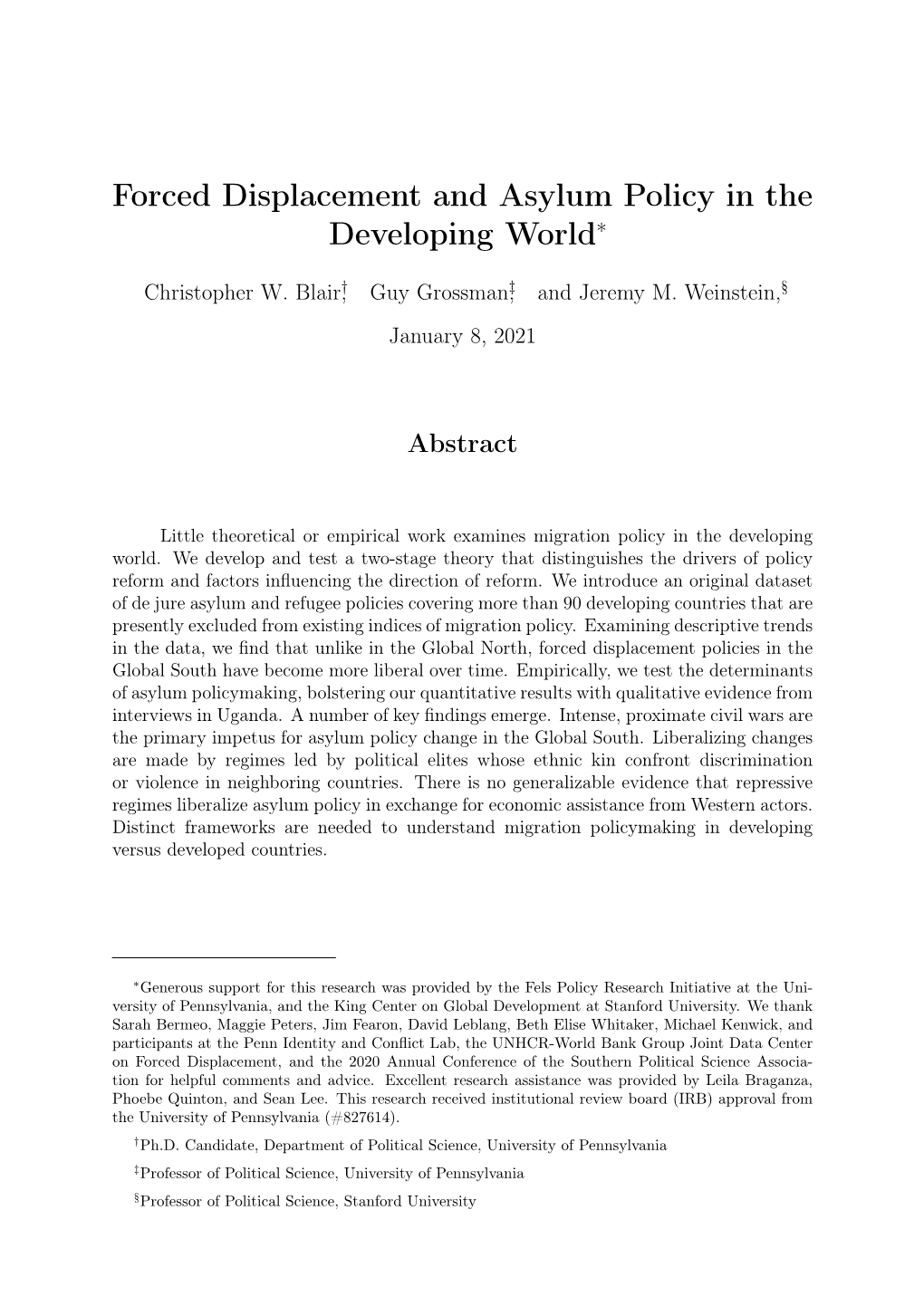 Forced Displacement and Asylum Policy in the Developing World∗