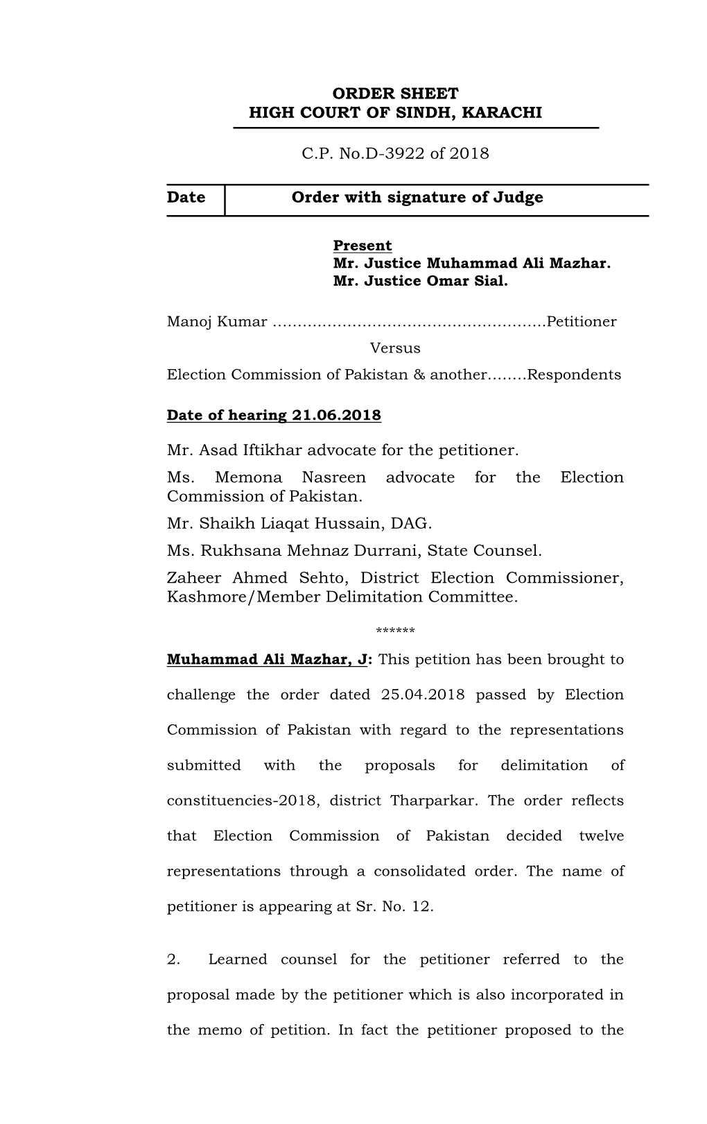 ORDER SHEET HIGH COURT of SINDH, KARACHI C.P. No.D-3922