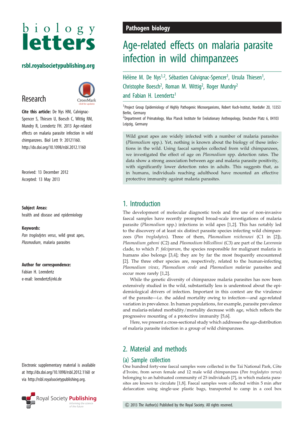 Age-Related Effects on Malaria Parasite Infection in Wild Chimpanzees Rsbl.Royalsocietypublishing.Org He´Le`Ne M