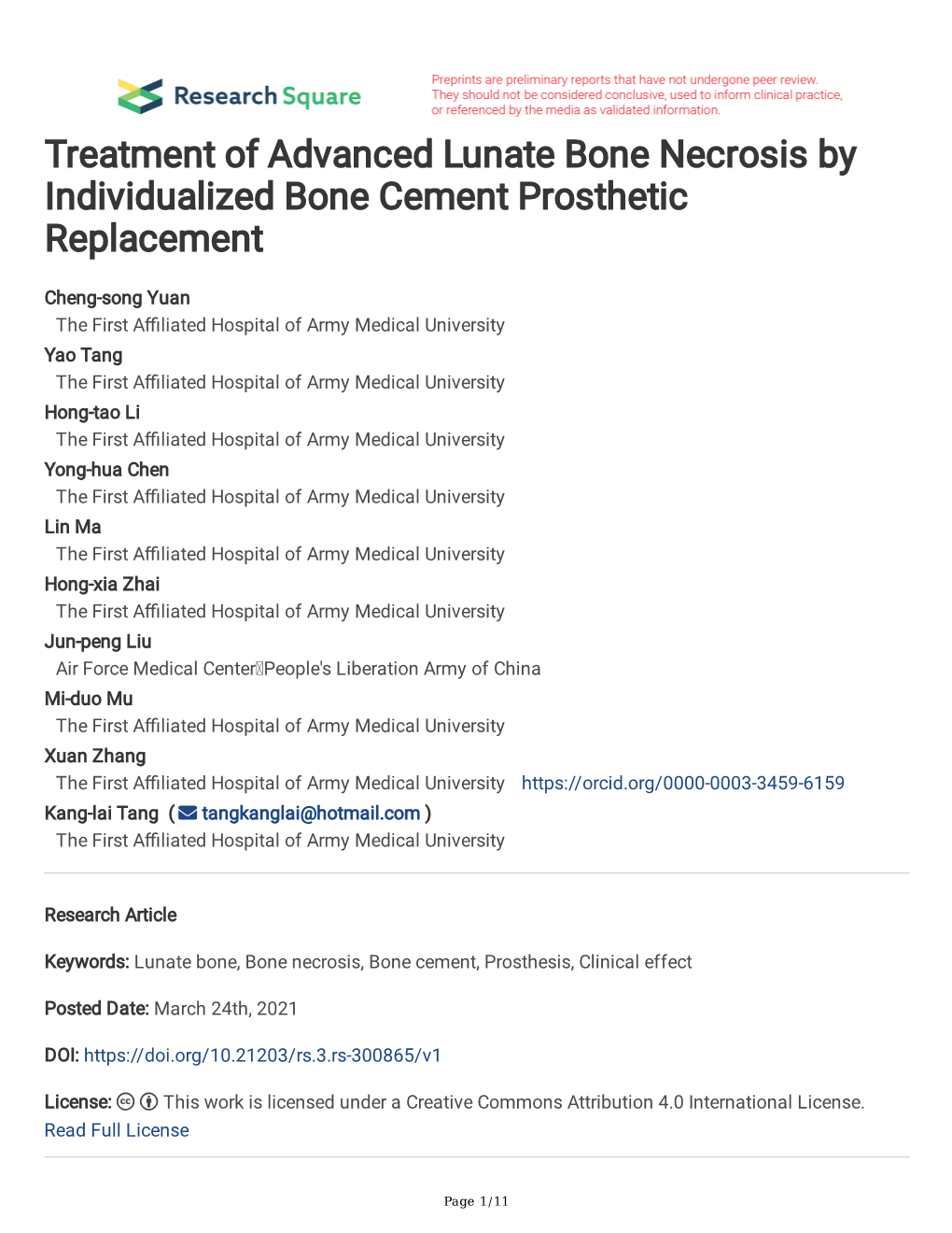 Treatment of Advanced Lunate Bone Necrosis by Individualized Bone Cement Prosthetic Replacement