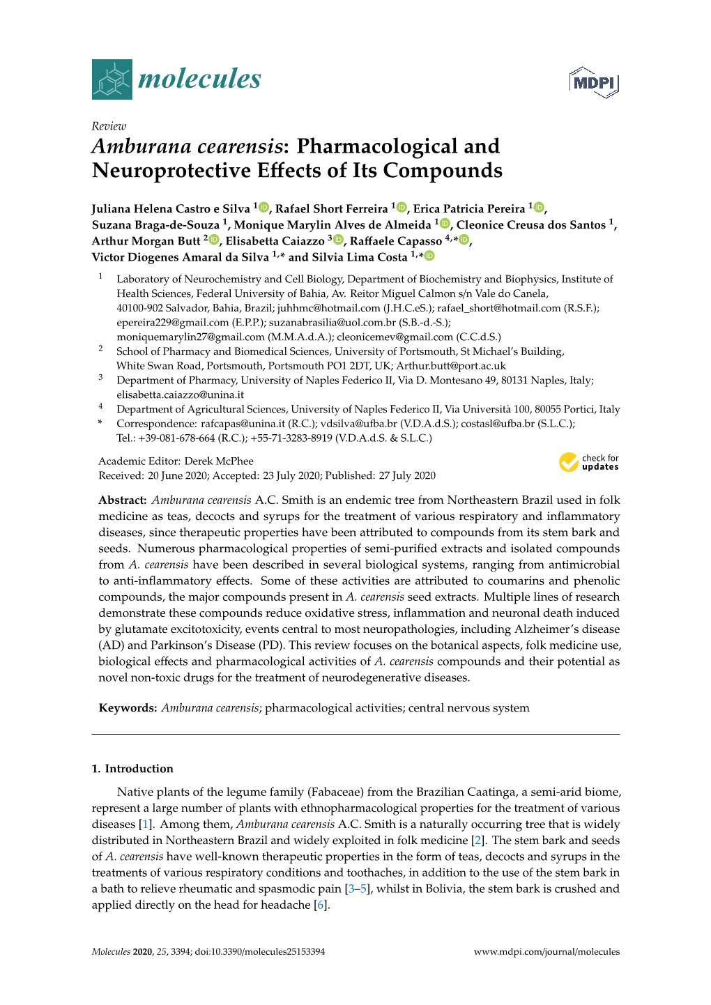 Amburana Cearensis: Pharmacological and Neuroprotective Eﬀects of Its Compounds