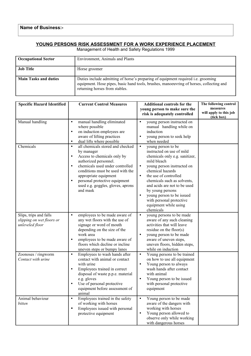 Section 3 - YOUNG PERSONS RISK ASSESSMENT for the STUDENT s2