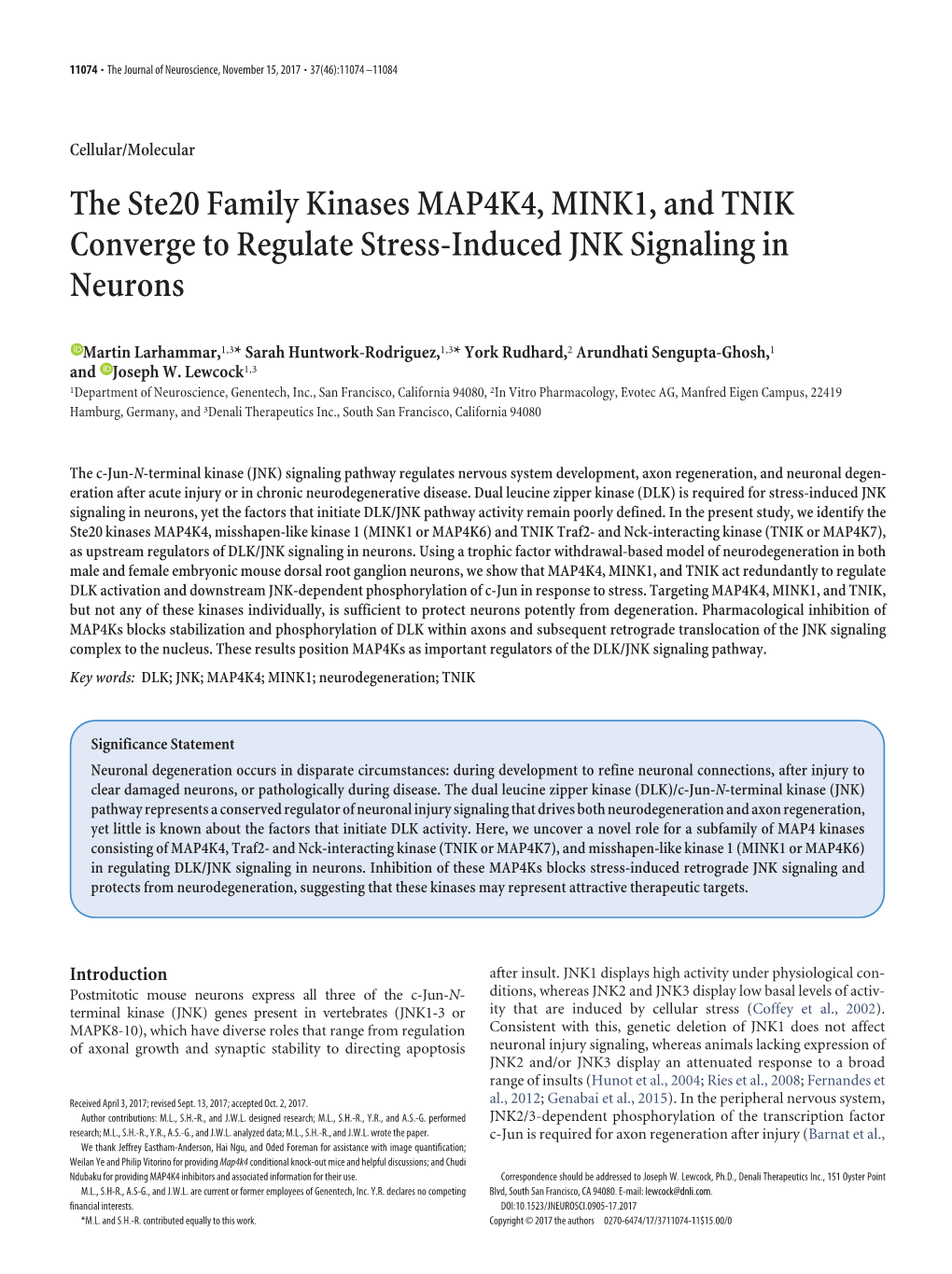 The Ste20 Family Kinases MAP4K4, MINK1, and TNIK Converge to Regulate Stress-Induced JNK Signaling in Neurons