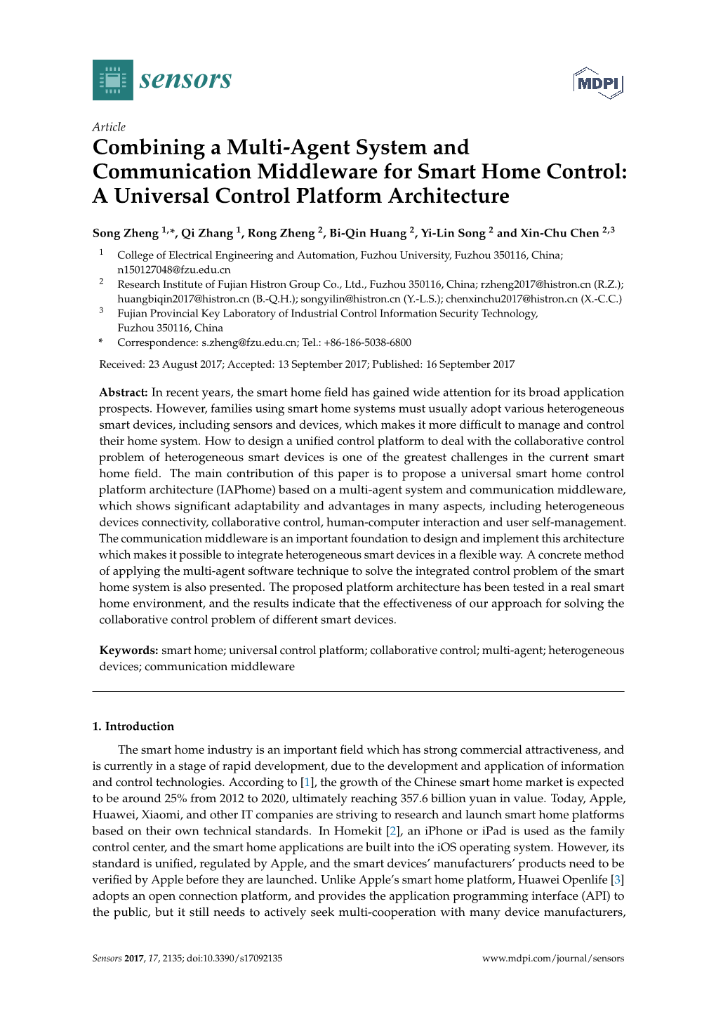 Combining a Multi-Agent System and Communication Middleware for Smart Home Control: a Universal Control Platform Architecture