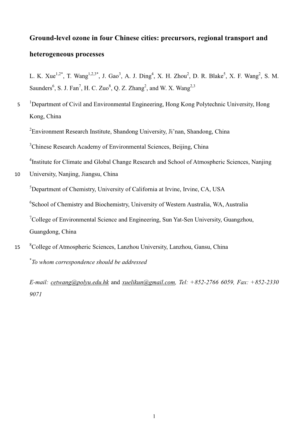 Ground-Level Ozone in Four Chinese Cities: Precursors, Regional Transport And