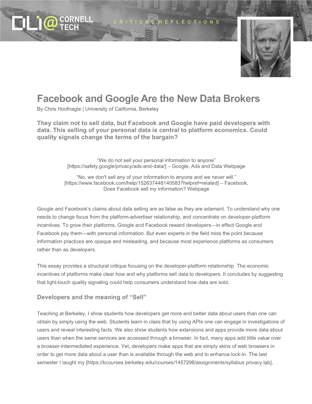 Facebook and Google Are the New Data Brokers by Chris Hoofnagle | University of California, Berkeley