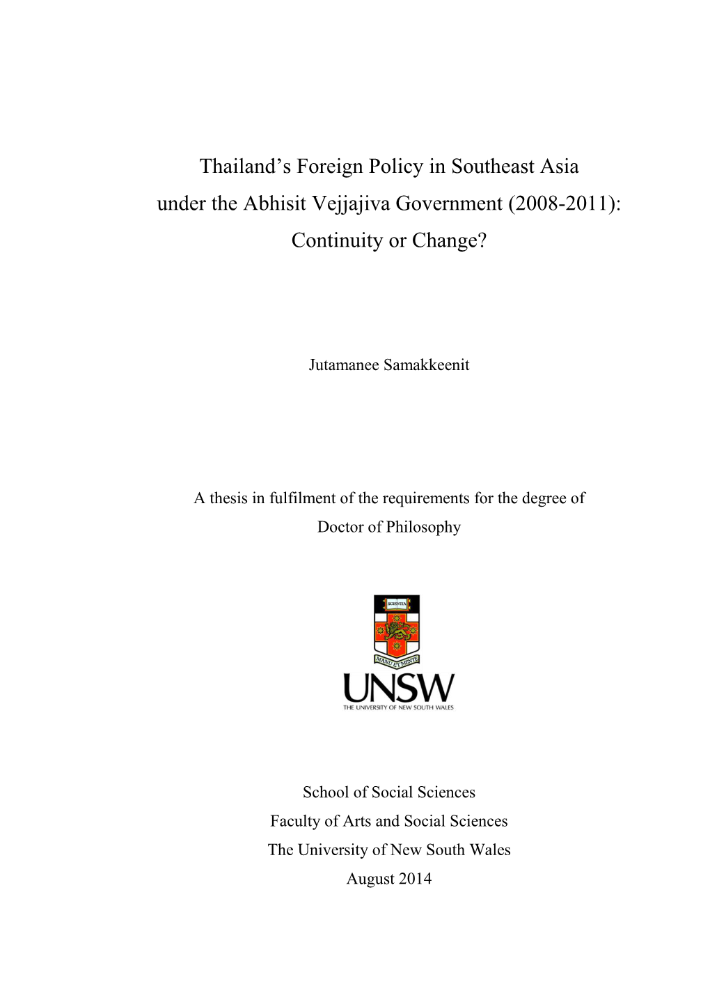 Thailand's Foreign Policy in Southeast Asia Under the Abhisit Vejjajiva Administration, 2008-2011