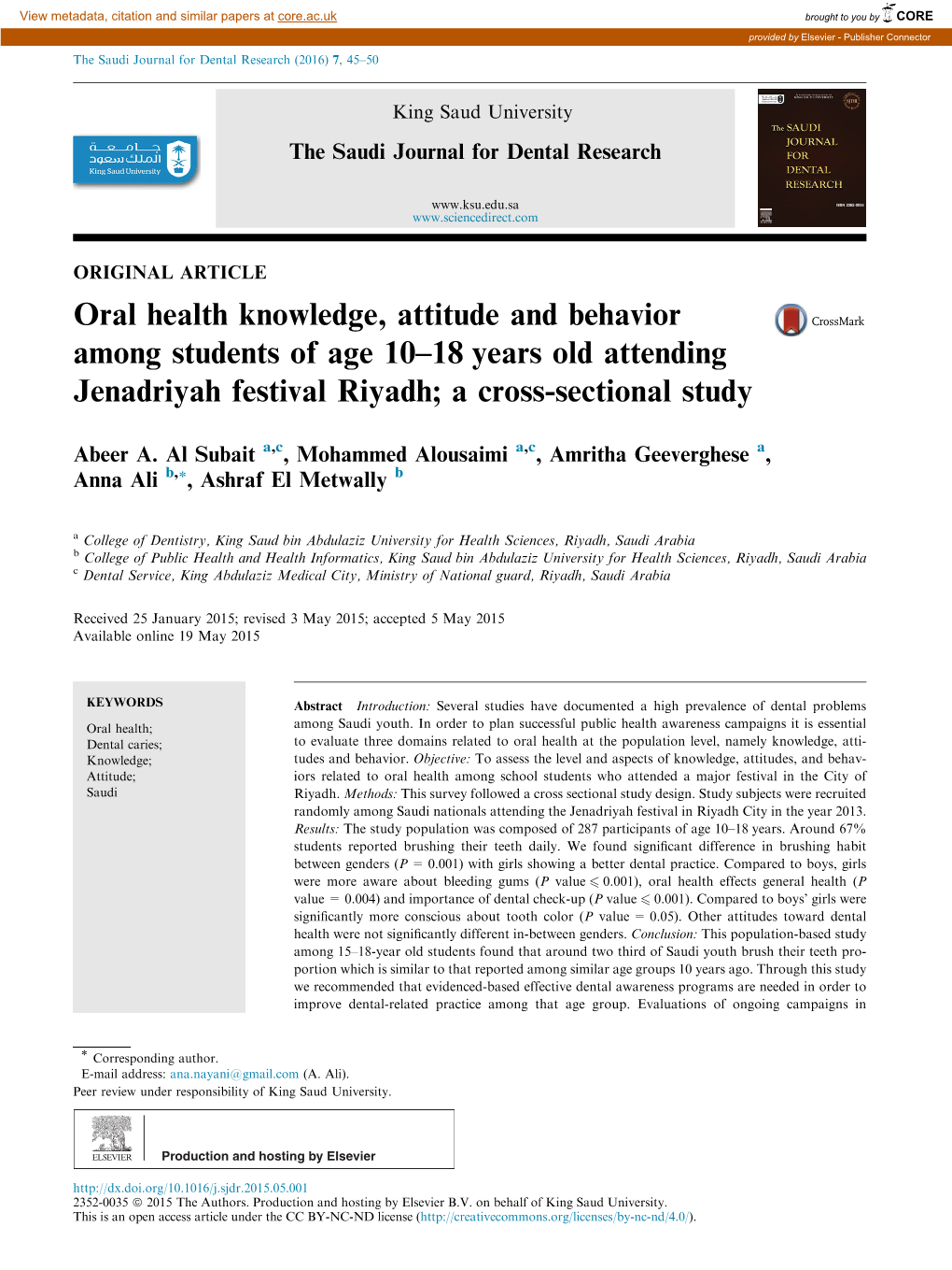 Oral Health Knowledge, Attitude and Behavior Among Students of Age 10–18 Years Old Attending Jenadriyah Festival Riyadh; a Cross-Sectional Study