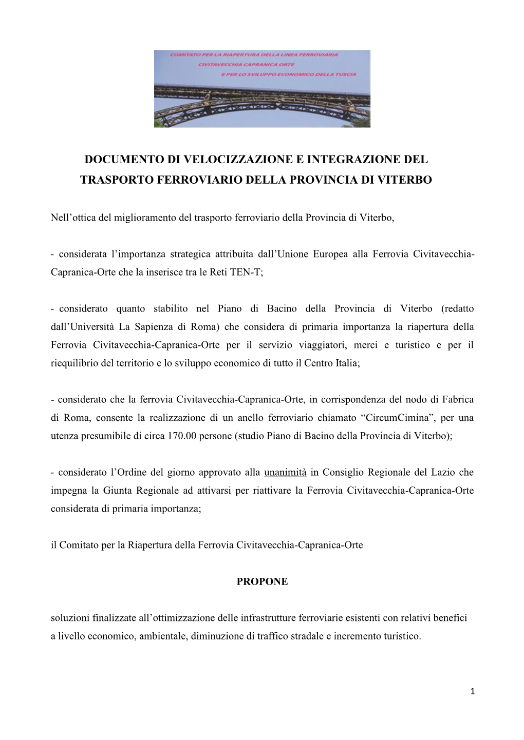Documento Di Velocizzazione E Integrazione Del Trasporto Ferroviario Della Provincia Di Viterbo