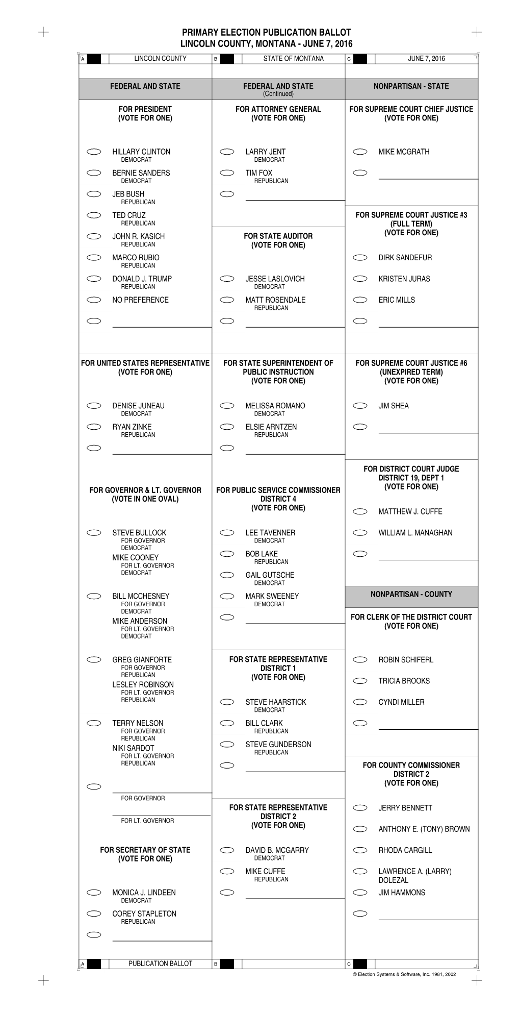 Primary Election Publication Ballot Lincoln County, Montana - June 7, 2016