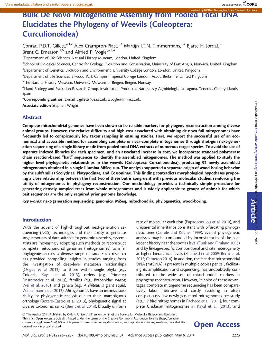 Article Bulk De Novo Mitogenome Assembly from Pooled Total DNA Elucidates the Phylogeny of Weevils (Coleoptera: Curculionoidea)