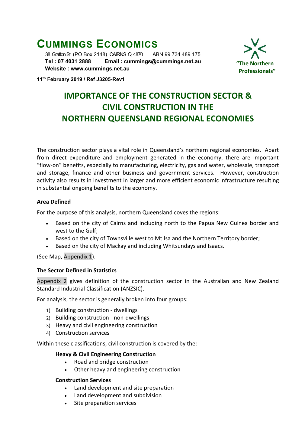 Importance of the Construction Sector & Civil Construction in the Northern Queensland Regional Economies