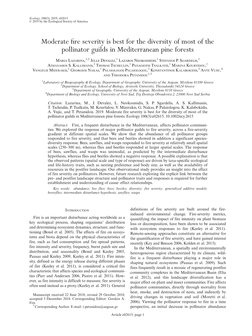 Moderate Fire Severity Is Best for the Diversity of Most of the Pollinator Guilds in Mediterranean Pine Forests